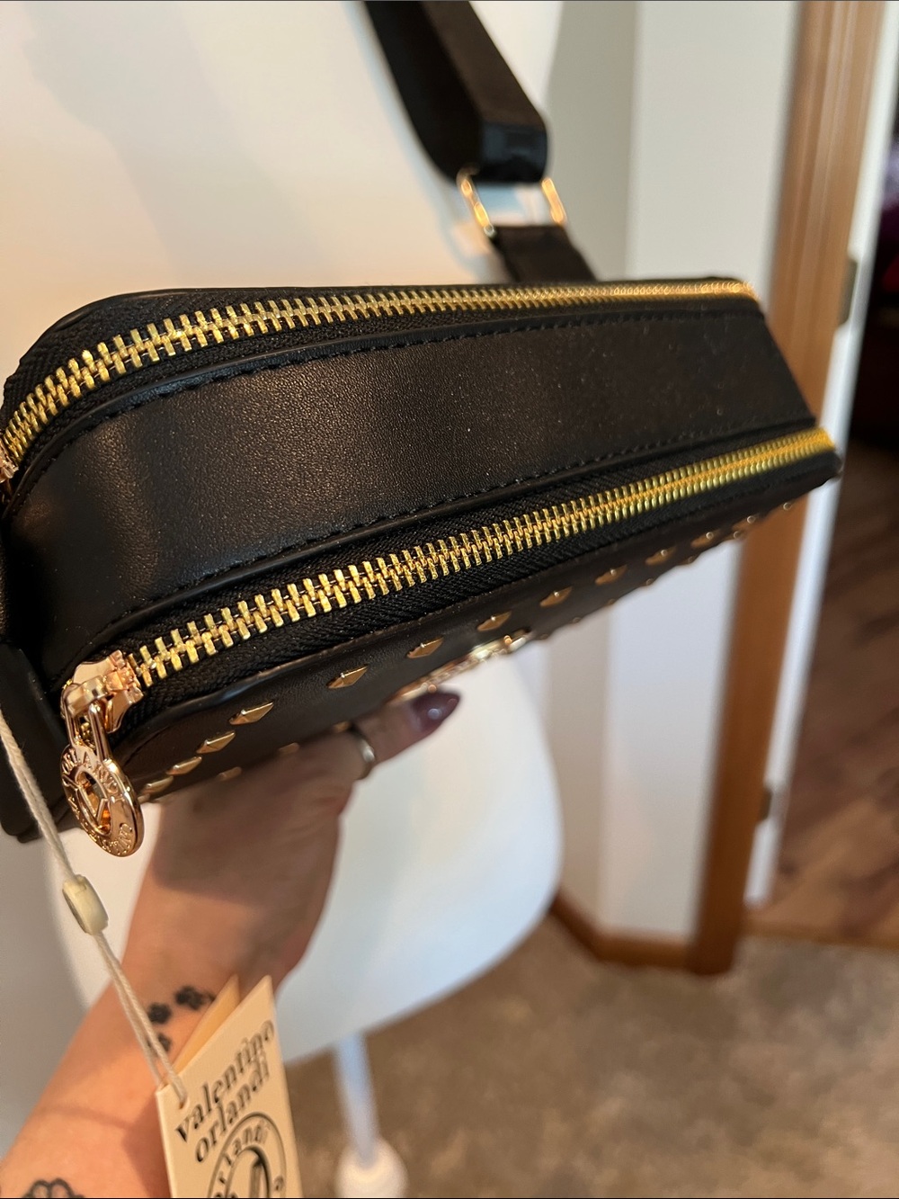 Valentino Orlandi Black Studded Vegan Leather Crossbody with Gold Medallion - Picture 5 of 7